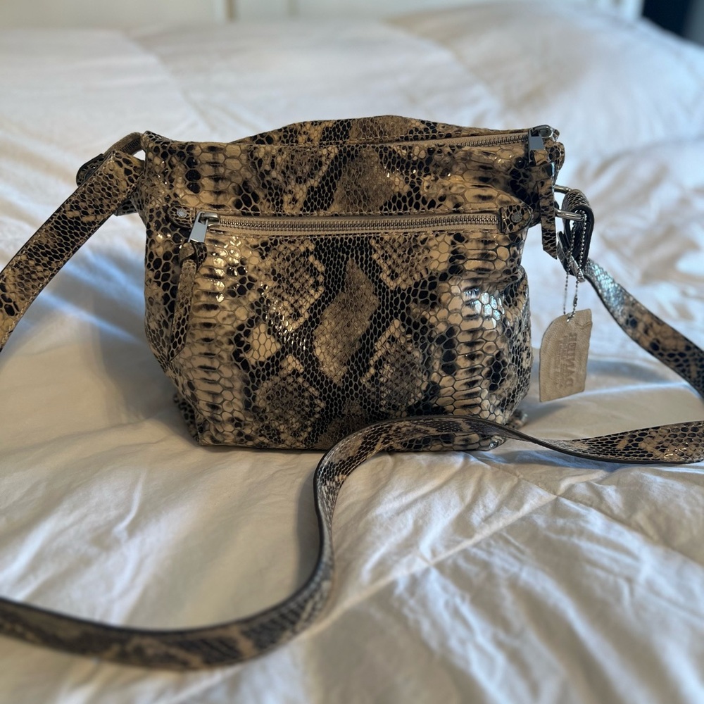 Danier Python Pattern Crossbody Bag - Black and Tan - Picture 3 of 13